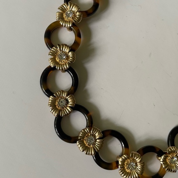 J Crew Necklace Tortoise Shell Statement Gold Flowers Rhinestone Link Ch… - Picture 3 of 7